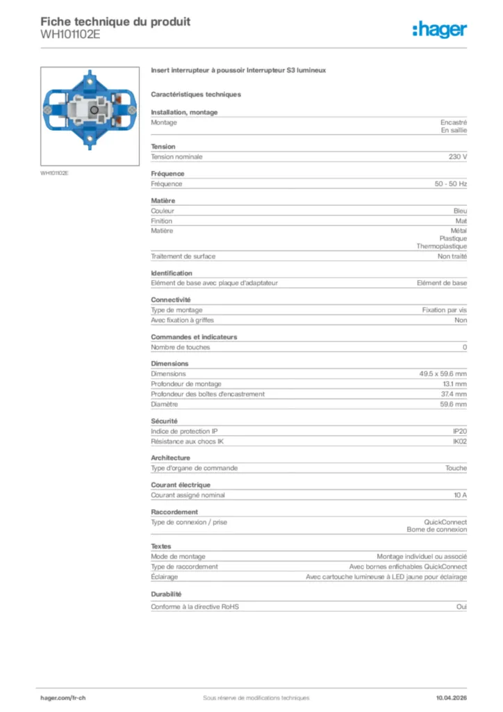 Image Hager Fiche technique du produit WH101102E | Hager Suisse