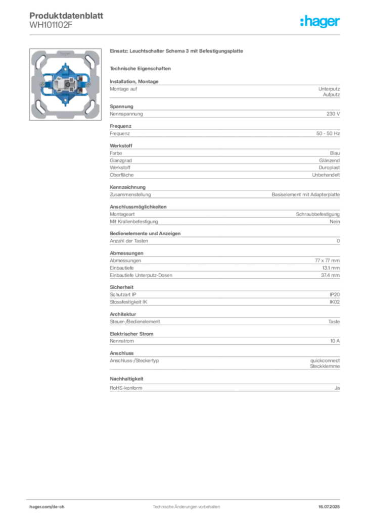 Bild Hager Produktdatenblatt WH101102F | Hager Schweiz