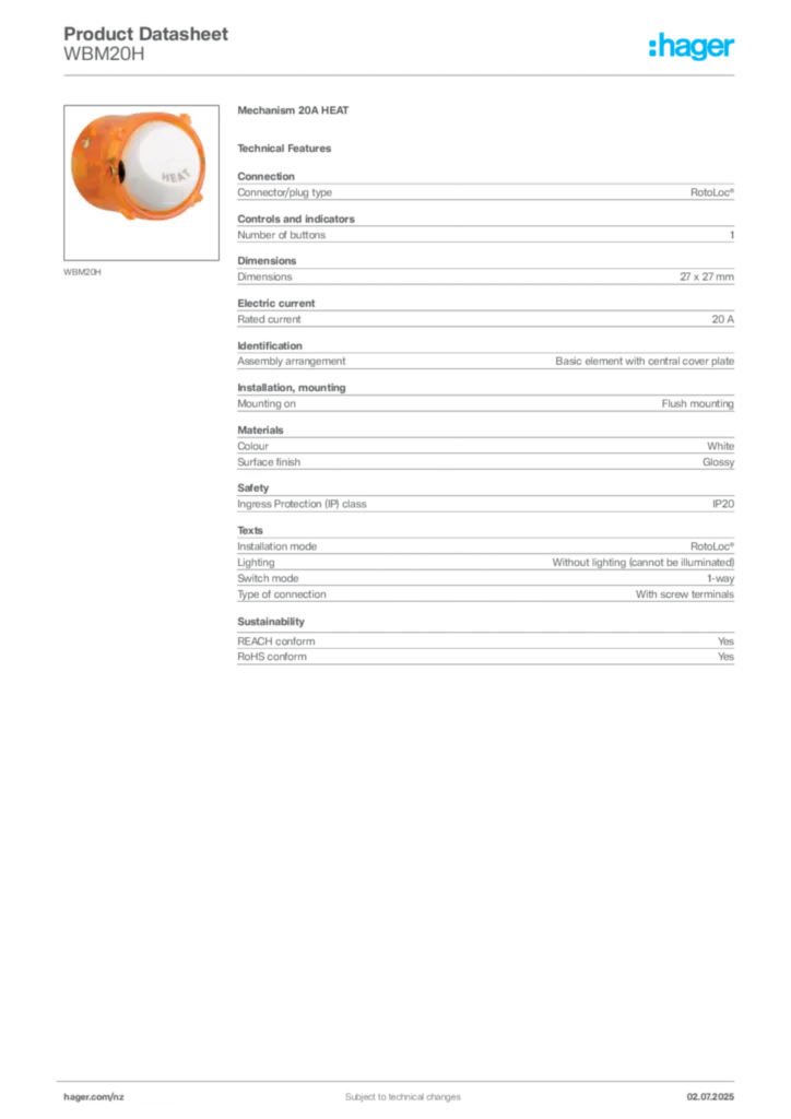 Image Hager Product data sheet WBM20H  | Hager New Zealand
