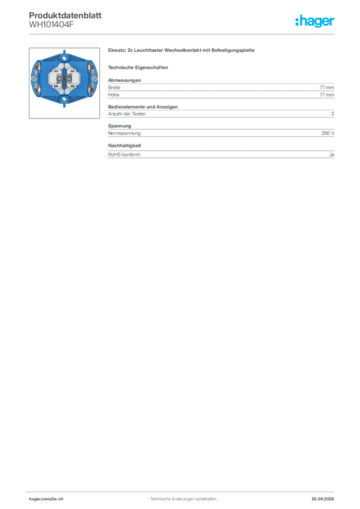 Bild Hager Produktdatenblatt WH101404F | Hager Schweiz