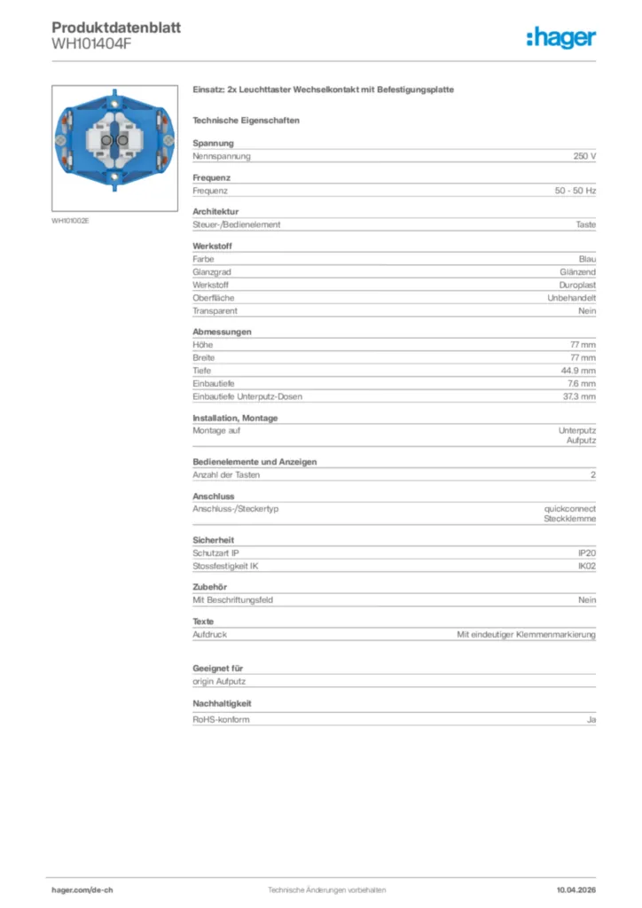 Bild Hager Produktdatenblatt WH101404F | Hager Schweiz
