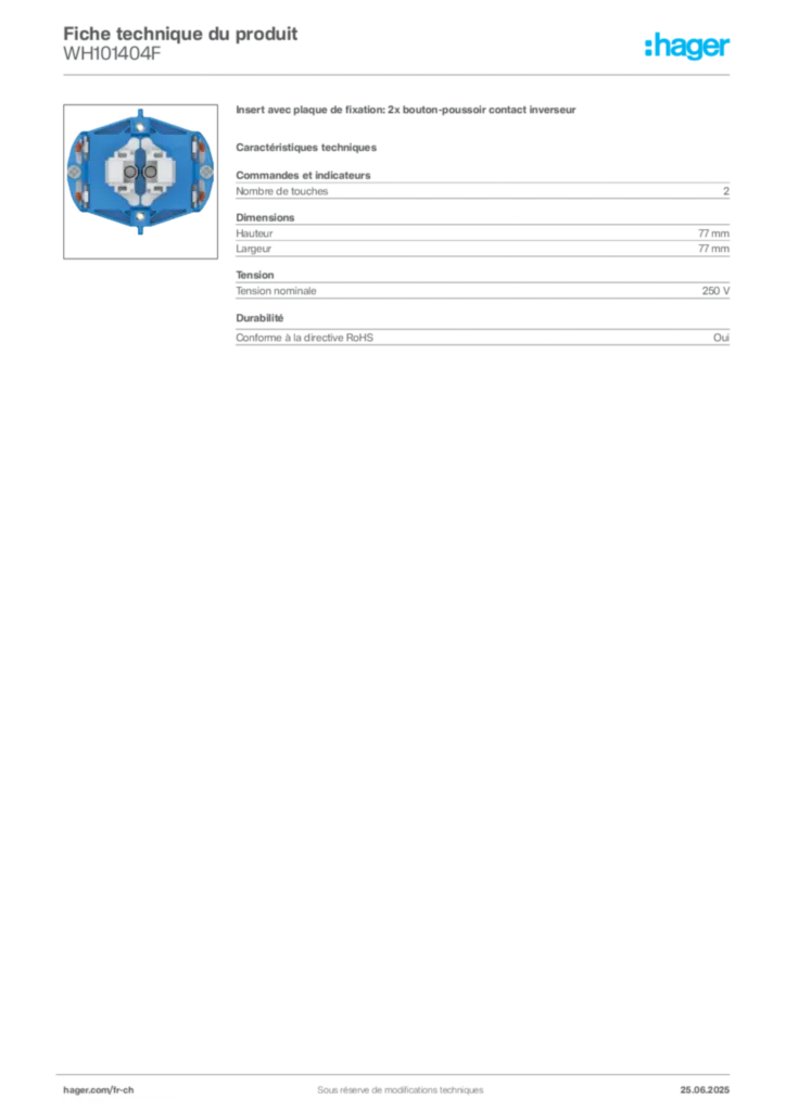 Image Hager Fiche technique du produit WH101404F | Hager Suisse