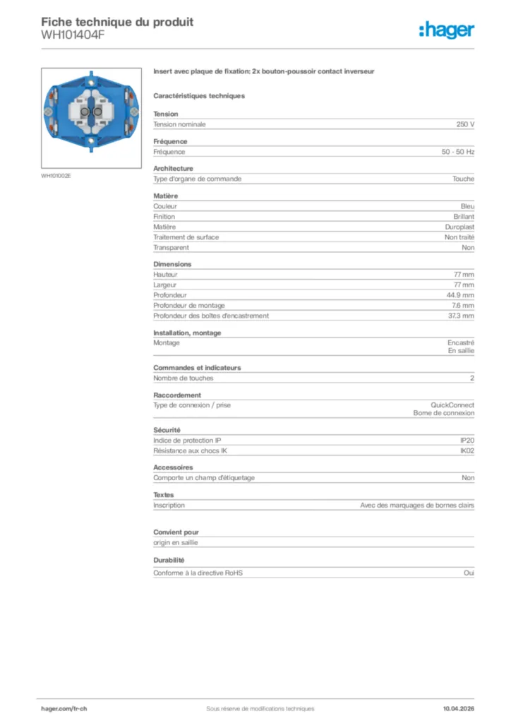 Image Hager Fiche technique du produit WH101404F | Hager Suisse