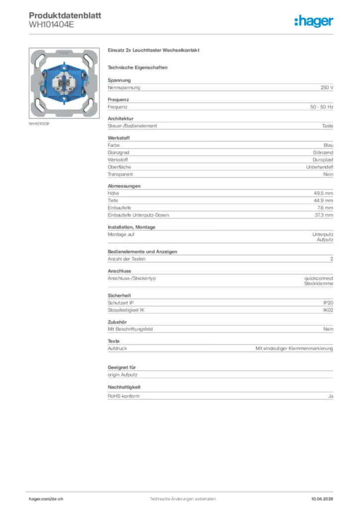 Bild Hager Produktdatenblatt WH101404E | Hager Schweiz