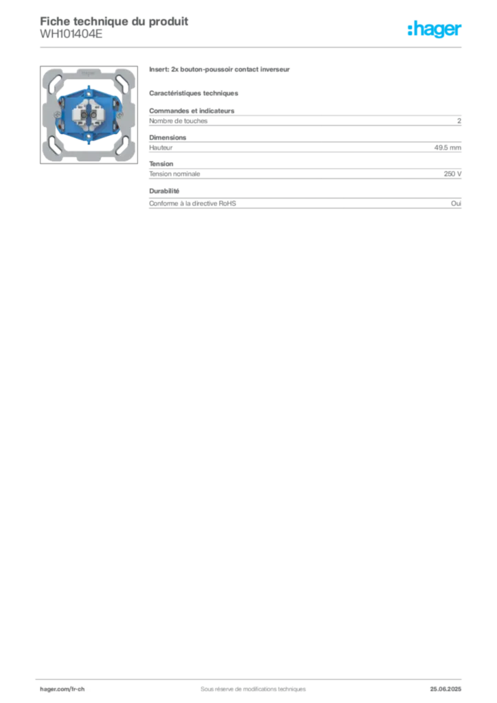 Image Hager Fiche technique du produit WH101404E | Hager Suisse