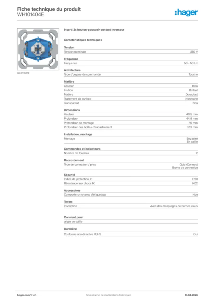 Image Hager Fiche technique du produit WH101404E | Hager Suisse