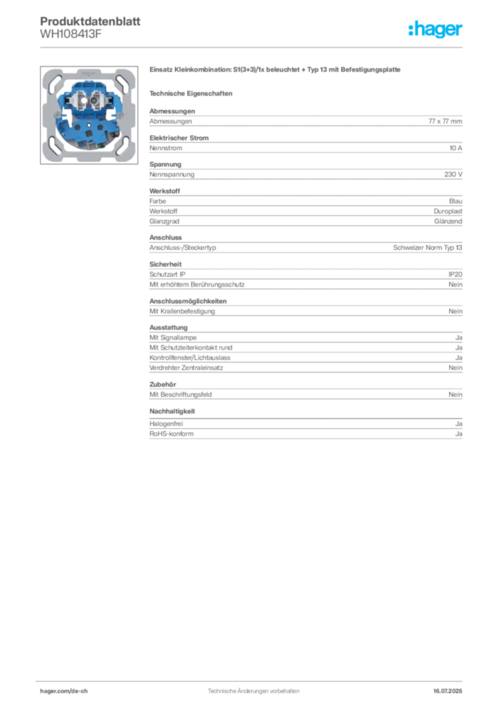 Bild Hager Produktdatenblatt WH108413F | Hager Schweiz