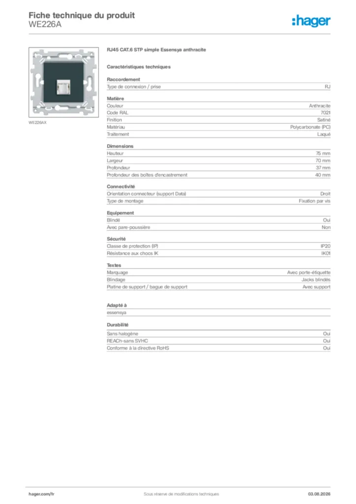 Image Hager Fiche technique du produit WE226A | Hager France