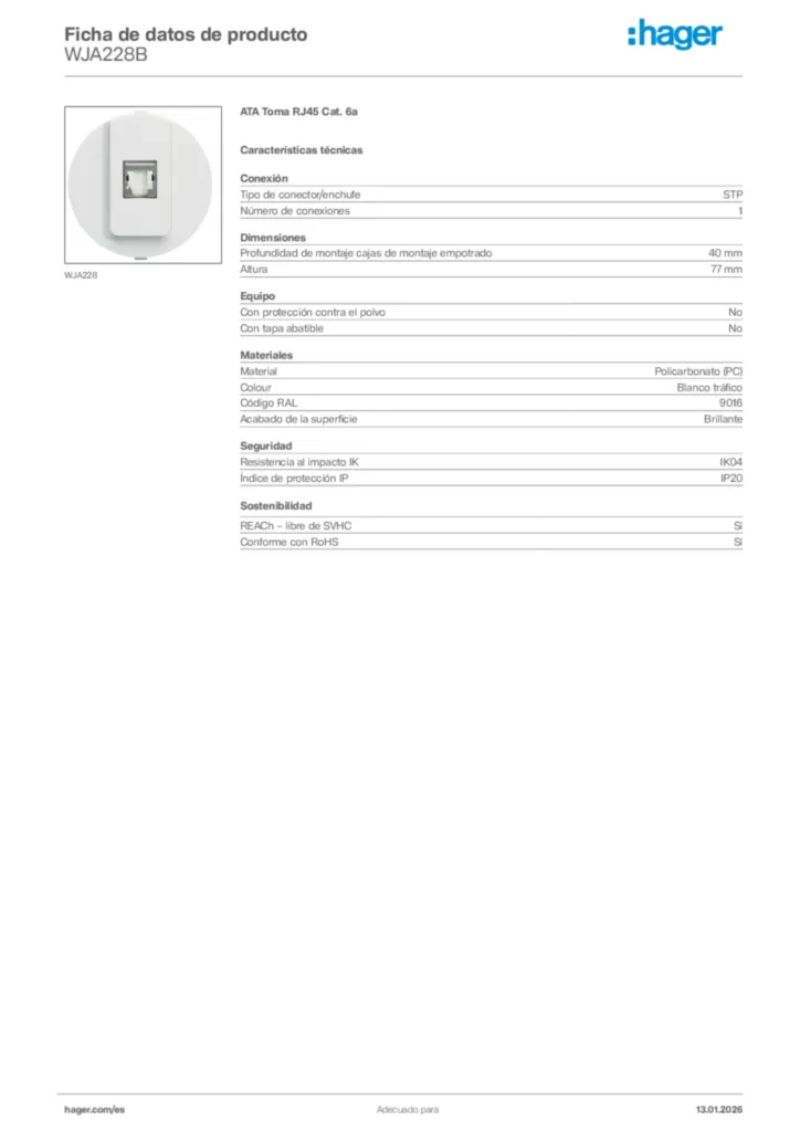 Imagen Hager Ficha de datos de producto WJA228B | Hager España
