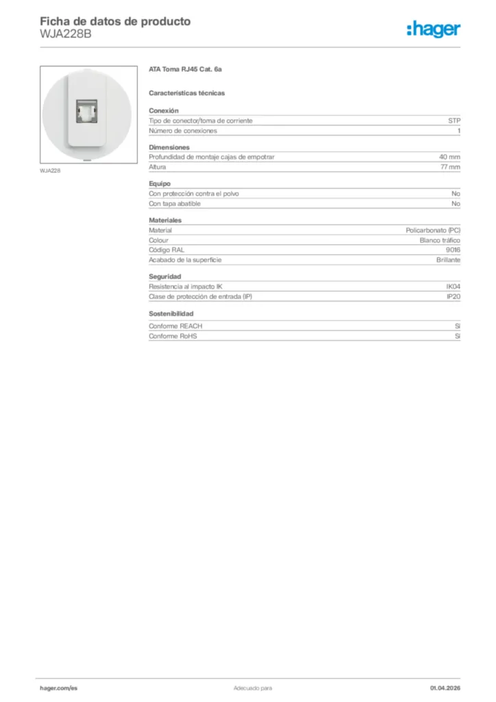 Imagen Hager Ficha de datos de producto WJA228B | Hager España