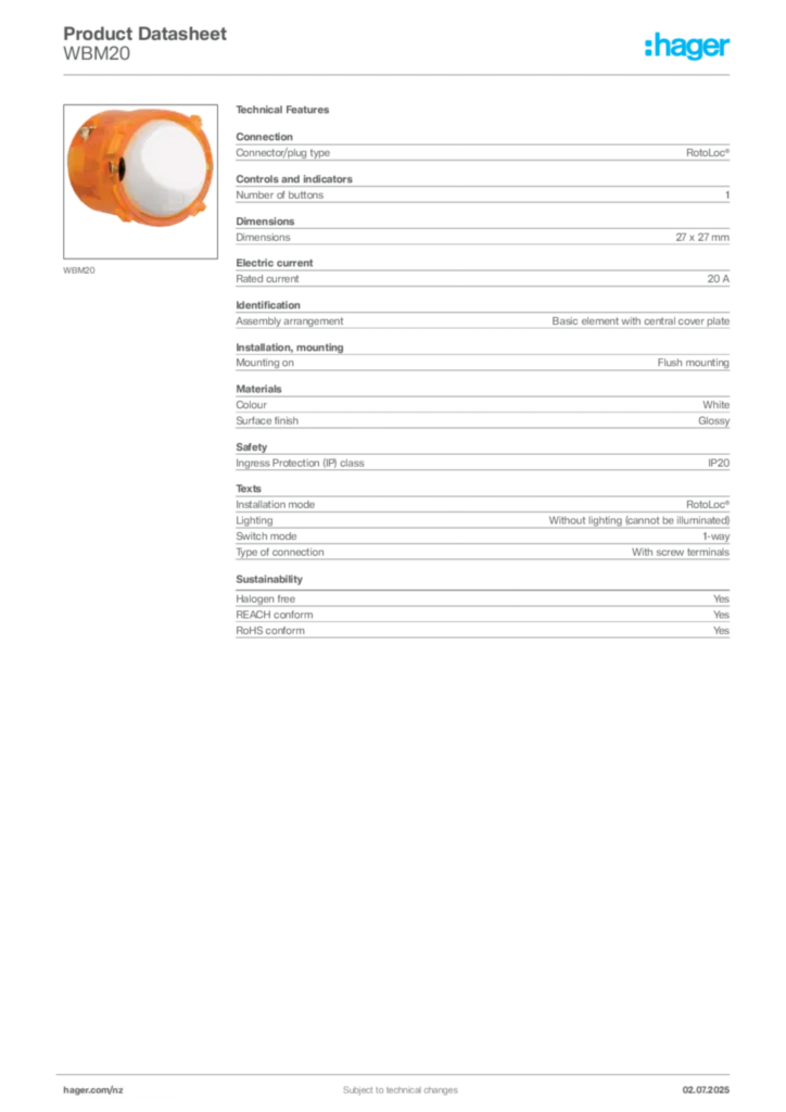 Image Hager Product data sheet WBM20  | Hager New Zealand