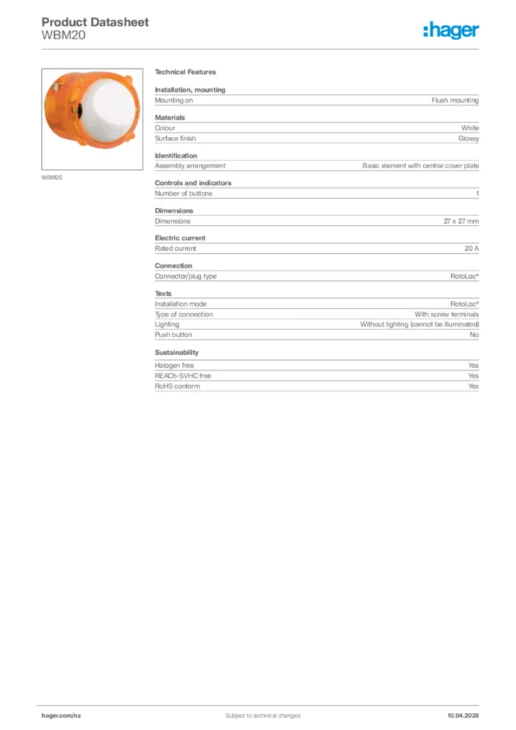 Image Hager Product data sheet WBM20  | Hager New Zealand