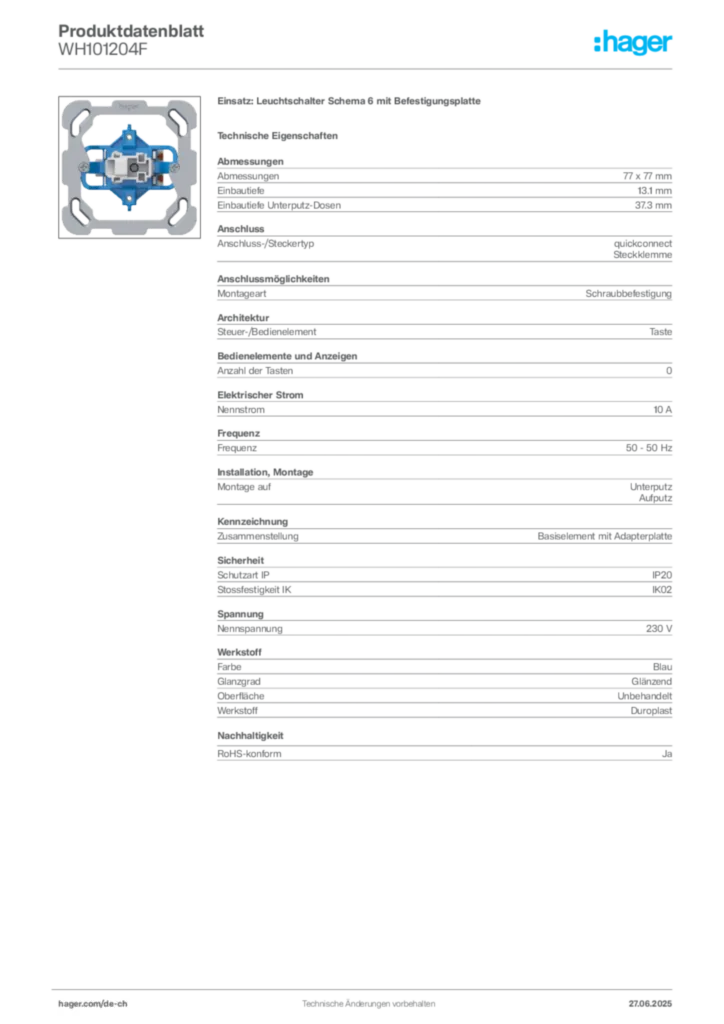 Bild Hager Produktdatenblatt WH101204F | Hager Schweiz