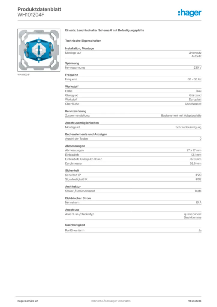 Bild Hager Produktdatenblatt WH101204F | Hager Schweiz