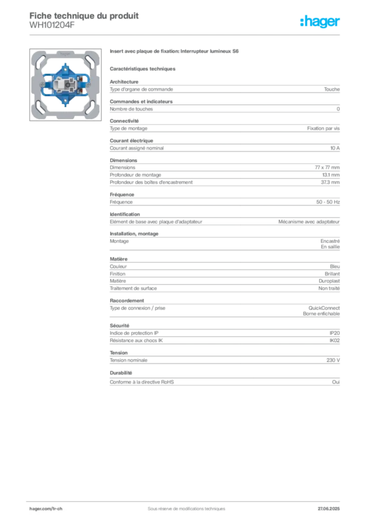Image Hager Fiche technique du produit WH101204F | Hager Suisse