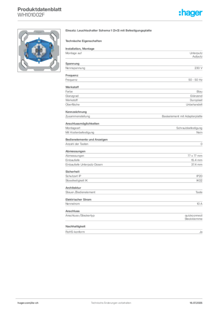 Bild Hager Produktdatenblatt WH101002F | Hager Schweiz