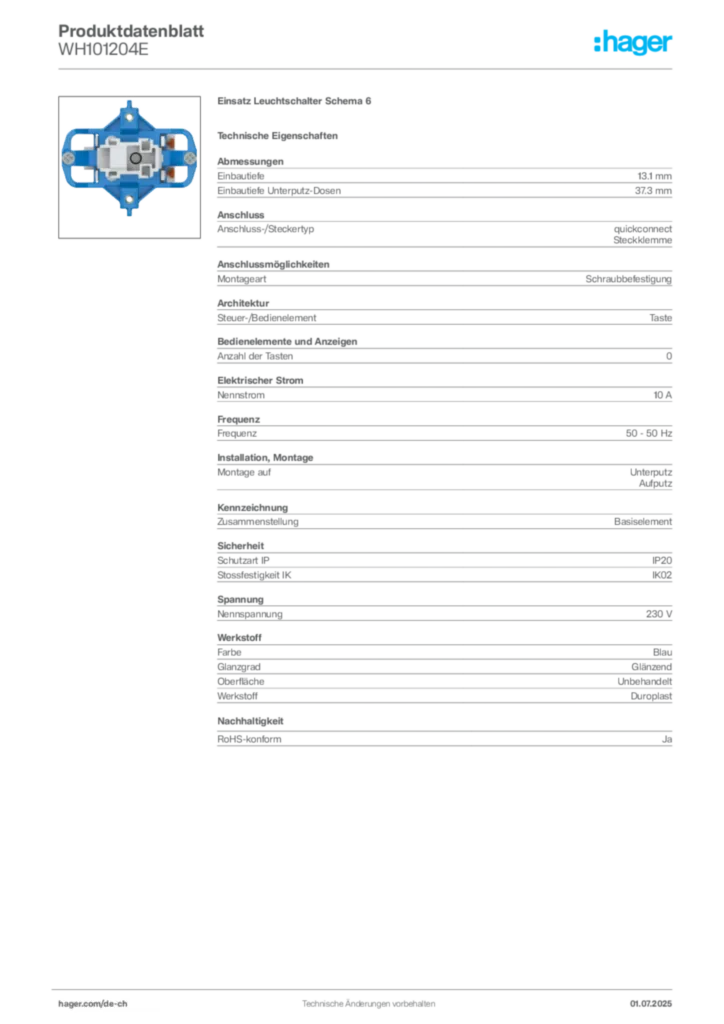 Bild Hager Produktdatenblatt WH101204E | Hager Schweiz