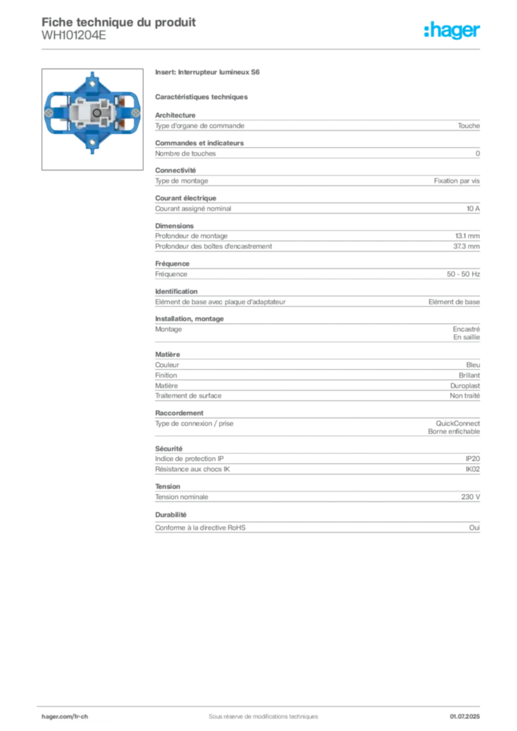 Image Hager Fiche technique du produit WH101204E | Hager Suisse