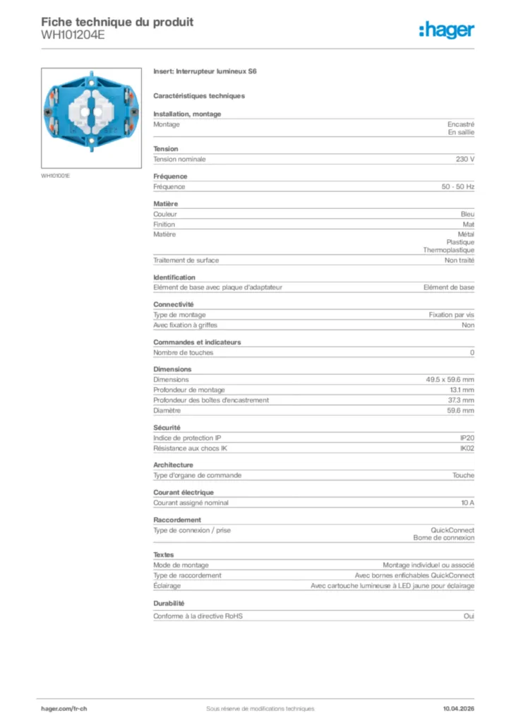 Image Hager Fiche technique du produit WH101204E | Hager Suisse