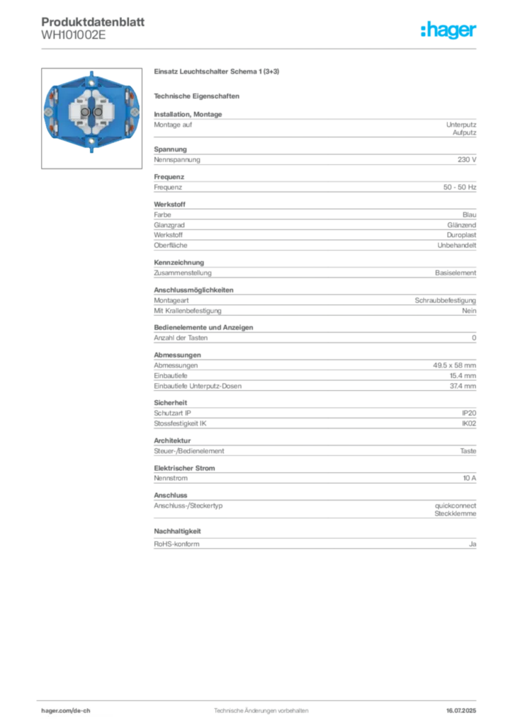 Bild Hager Produktdatenblatt WH101002E | Hager Schweiz