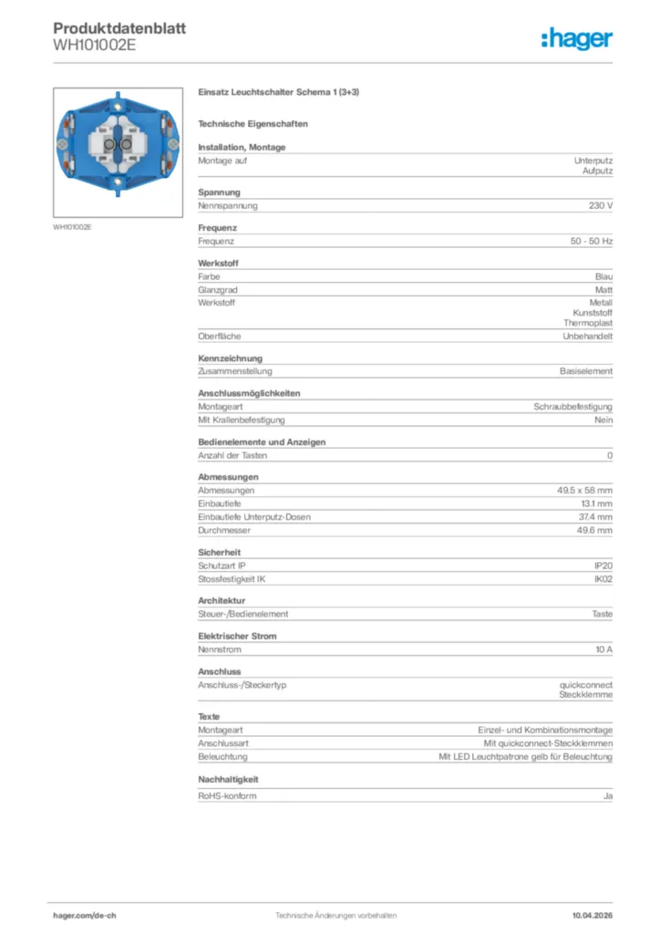 Bild Hager Produktdatenblatt WH101002E | Hager Schweiz