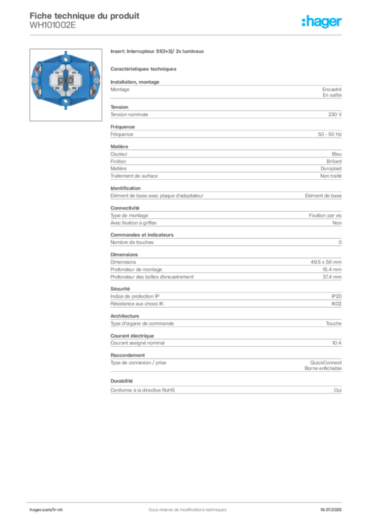 Image Hager Fiche technique du produit WH101002E | Hager Suisse