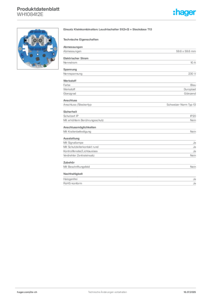 Bild Hager Produktdatenblatt WH108412E | Hager Schweiz
