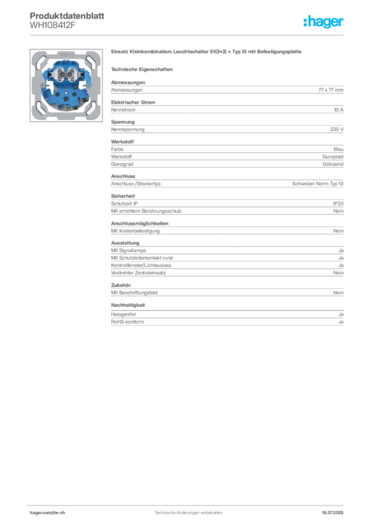 Bild Hager Produktdatenblatt WH108412F | Hager Schweiz