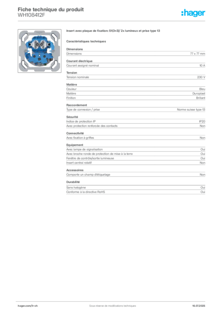 Image Hager Fiche technique du produit WH108412F | Hager Suisse
