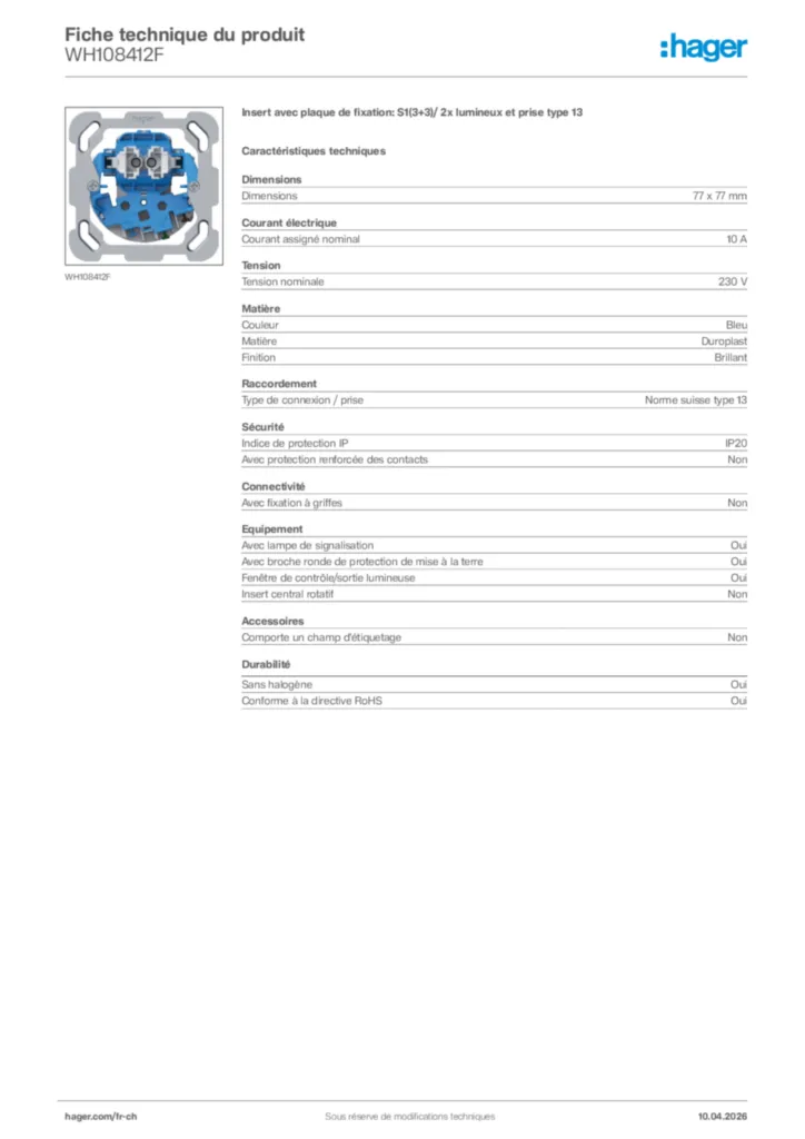 Image Hager Fiche technique du produit WH108412F | Hager Suisse