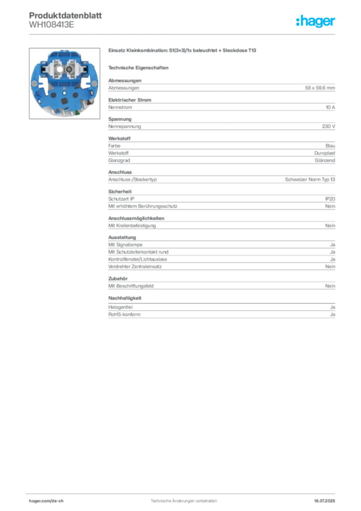 Bild Hager Produktdatenblatt WH108413E | Hager Schweiz
