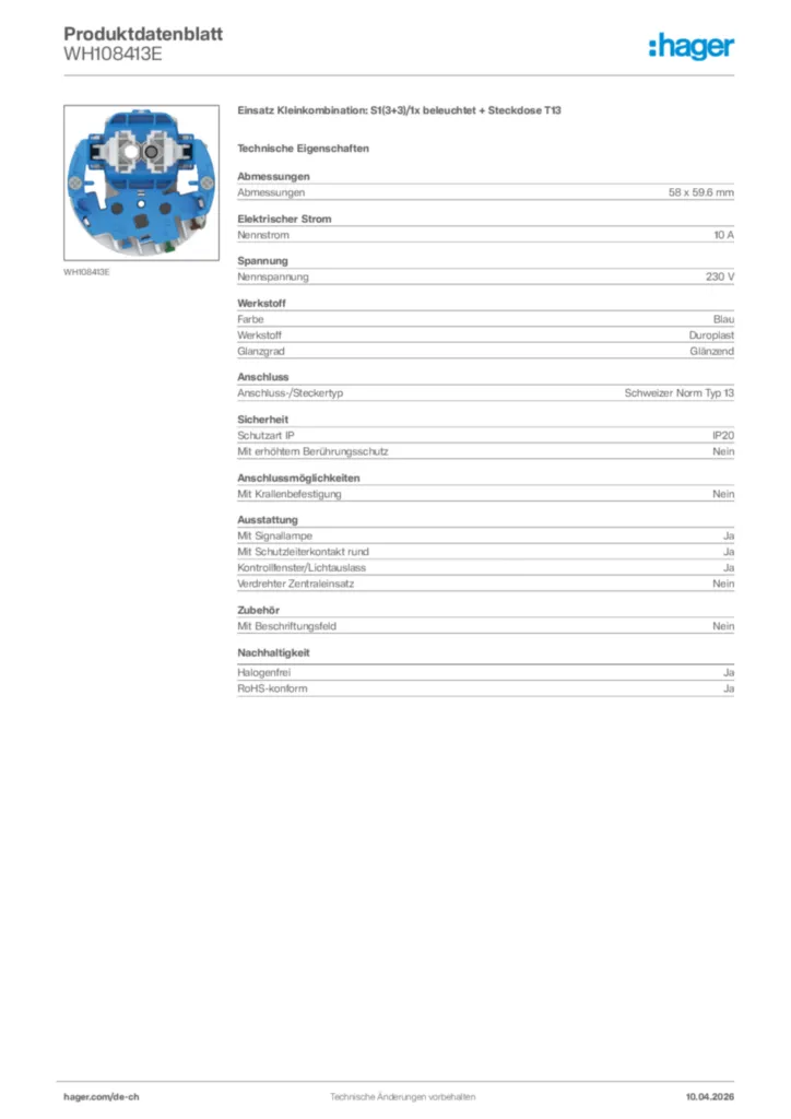 Bild Hager Produktdatenblatt WH108413E | Hager Schweiz