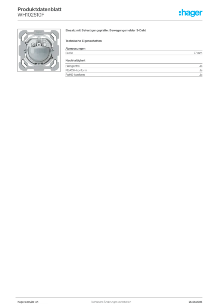 Bild Hager Produktdatenblatt WH102510F | Hager Schweiz