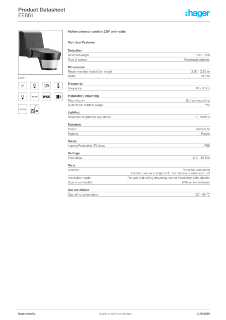 Image Hager Product data sheet EE861  | Hager Australia