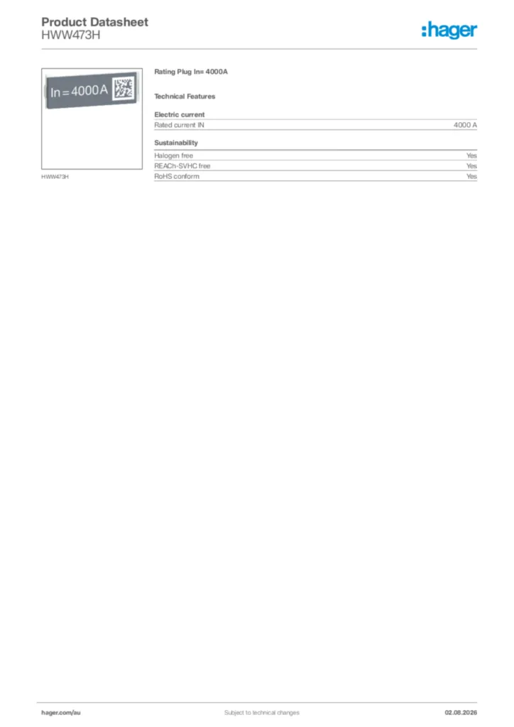 Image Hager Product data sheet HWW473H  | Hager Australia