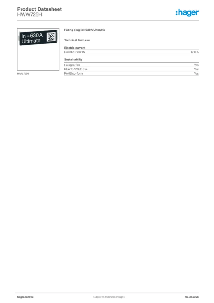 Image Hager Product data sheet HWW725H  | Hager Australia