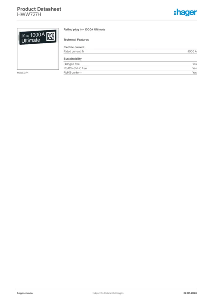 Image Hager Product data sheet HWW727H  | Hager Australia