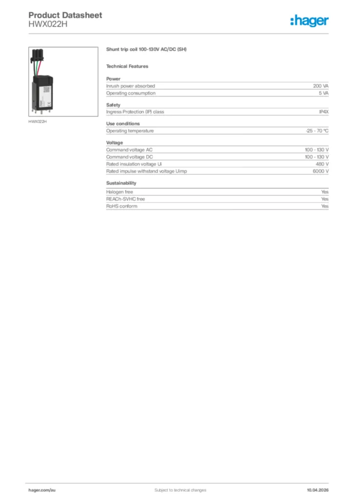 Image Hager Product data sheet HWX022H  | Hager Australia