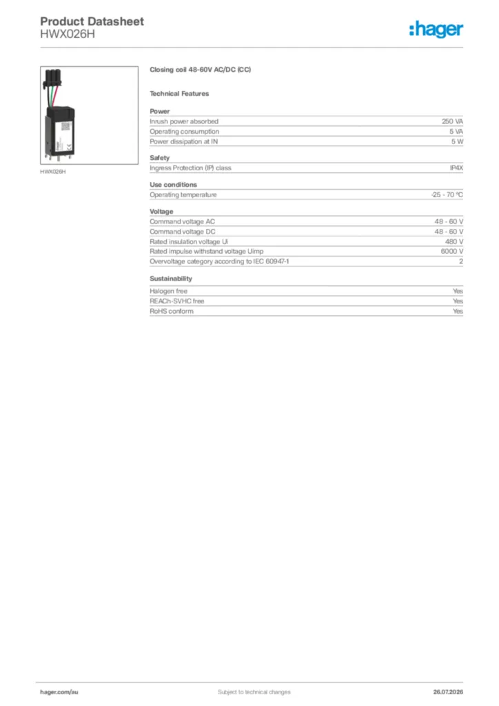 Image Hager Product data sheet HWX026H  | Hager Australia
