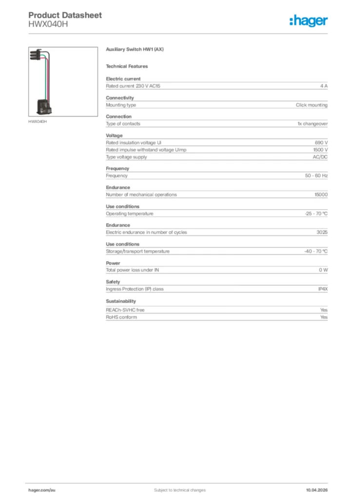 Image Hager Product data sheet HWX040H  | Hager Australia