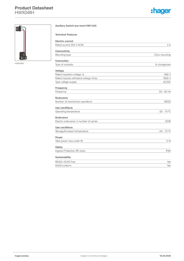 Image Hager Product data sheet HWX041H  | Hager Australia