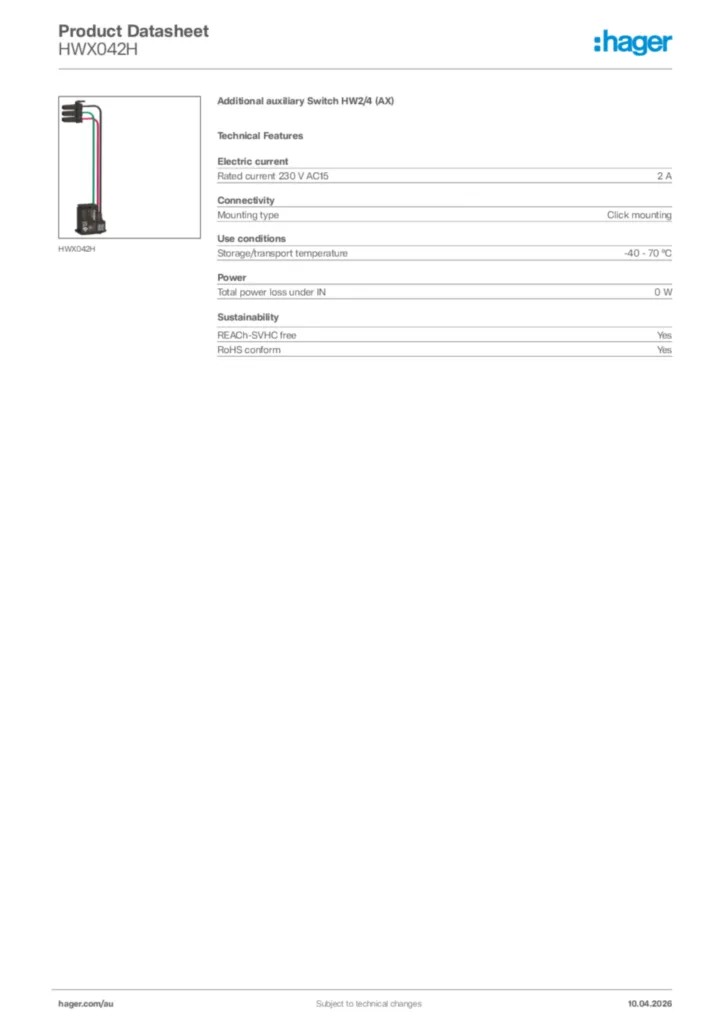 Image Hager Product data sheet HWX042H  | Hager Australia