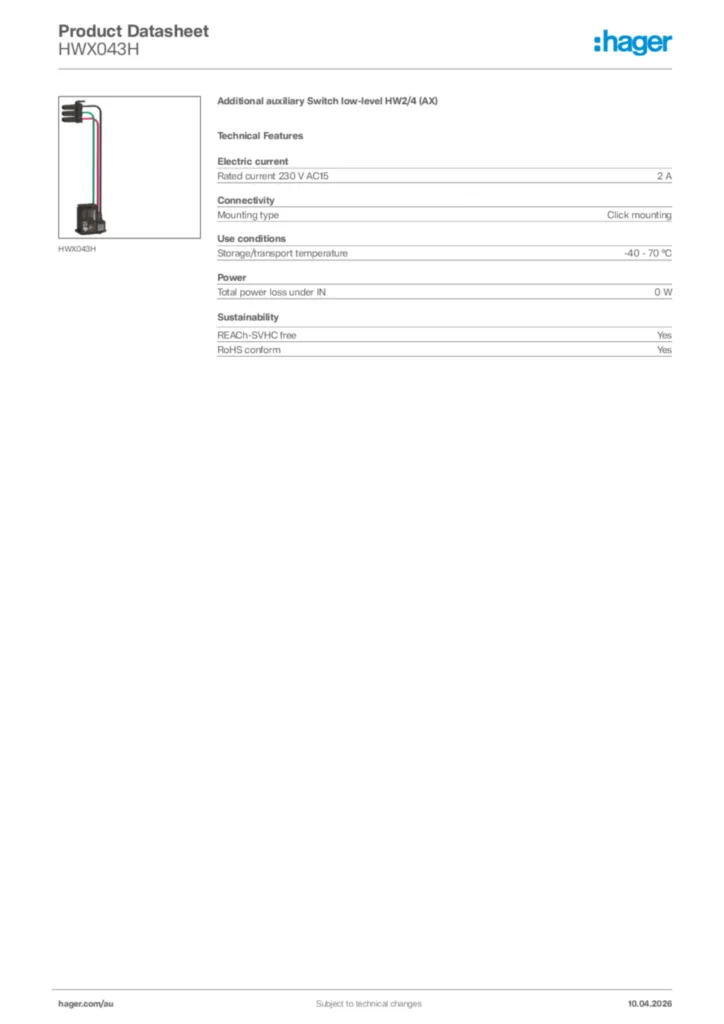 Image Hager Product data sheet HWX043H  | Hager Australia