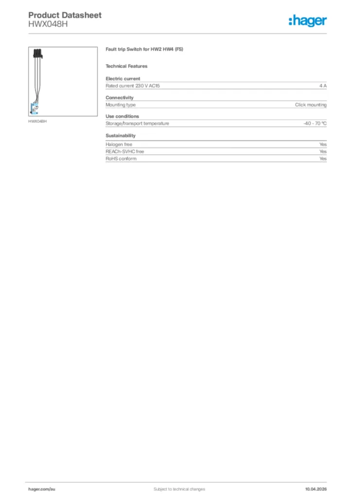 Image Hager Product data sheet HWX048H  | Hager Australia