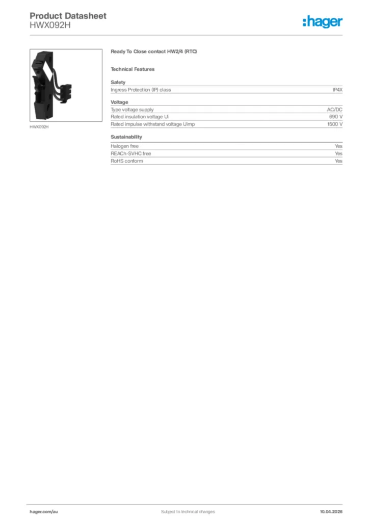 Image Hager Product data sheet HWX092H  | Hager Australia