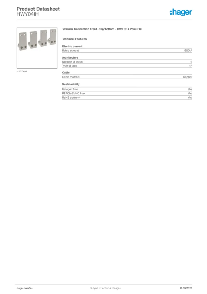 Image Hager Product data sheet HWY041H  | Hager Australia