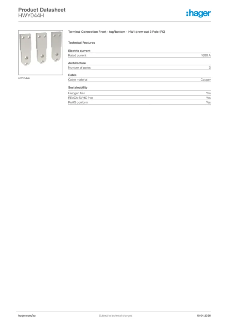 Image Hager Product data sheet HWY044H  | Hager Australia