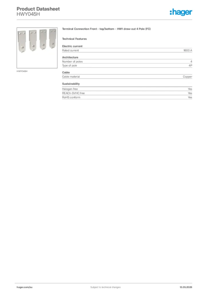 Image Hager Product data sheet HWY045H  | Hager Australia