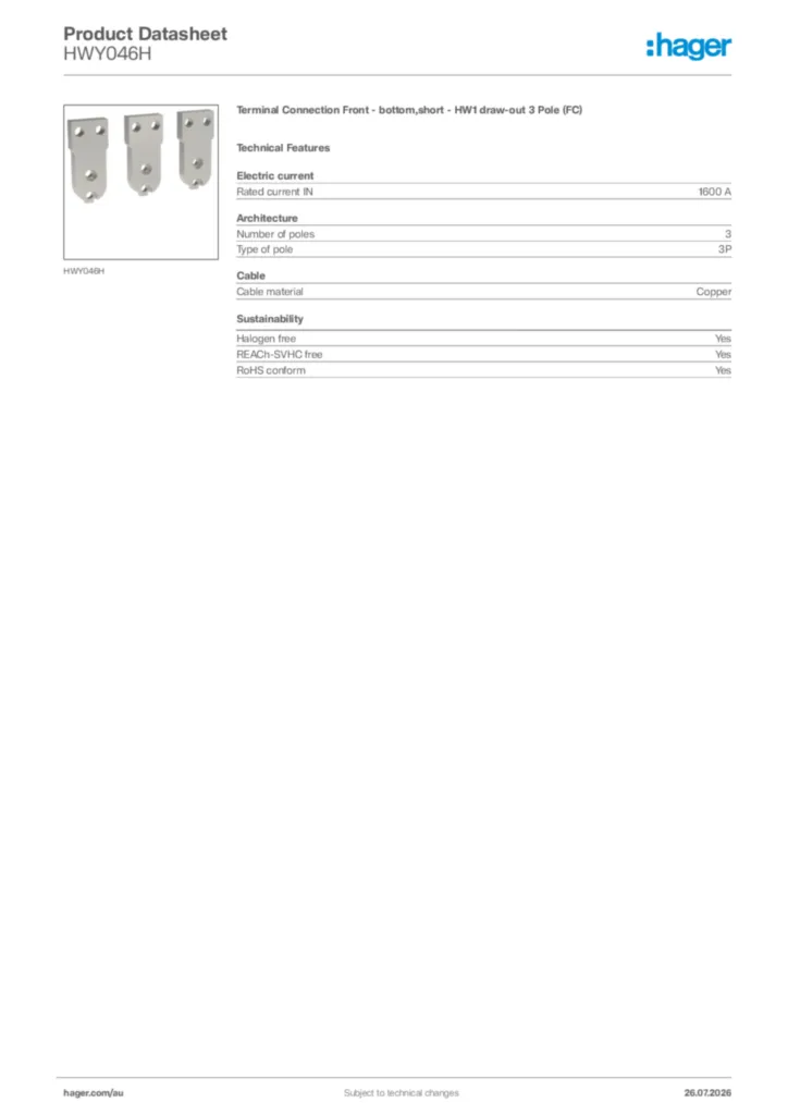 Image Hager Product data sheet HWY046H  | Hager Australia