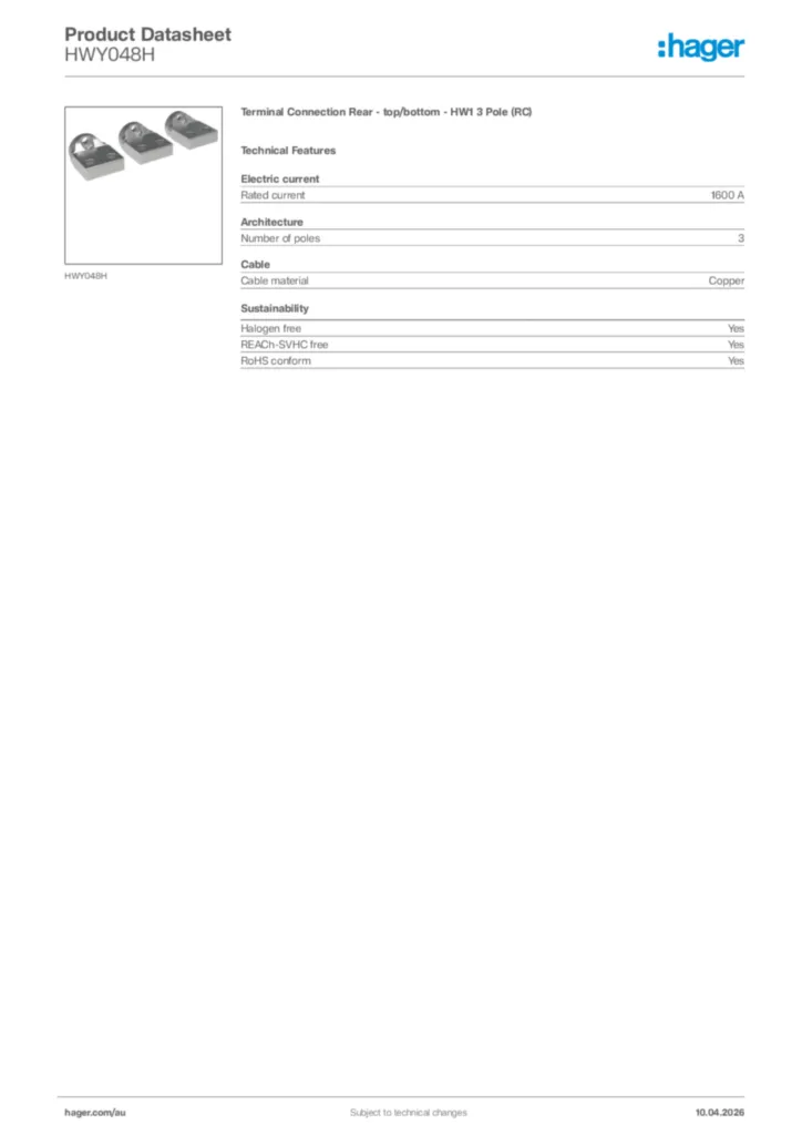 Image Hager Product data sheet HWY048H  | Hager Australia